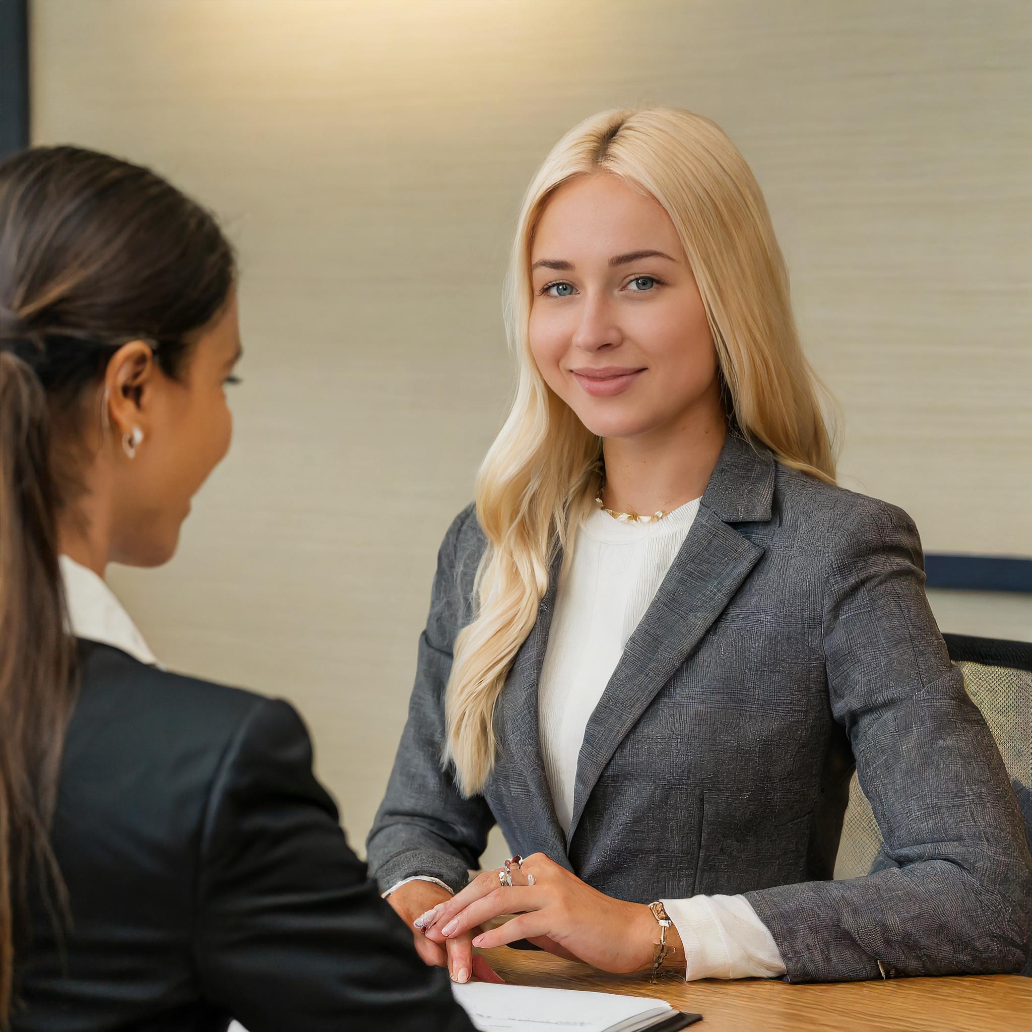 Julia Becker im Gespräch mit einem Klienten, elegante und seriöse Atmosphäre